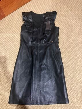 A/X Armani Exchange Black Faux Leather Ruffle Sleeve Mini Dress